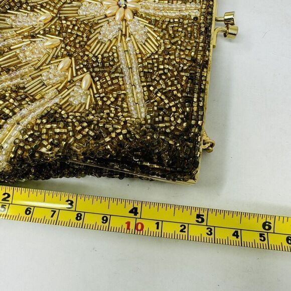 Gold Evening Bag beaded 7”‎ Kiss Lock Vintage - Picture 8 of 9